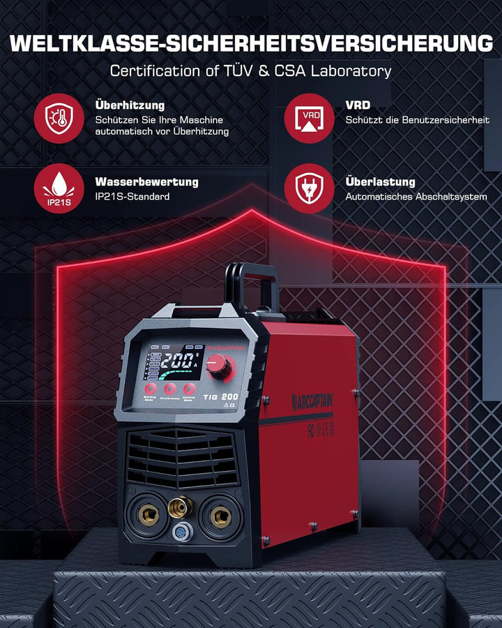 ARCCAPTAIN DC WIG Schweissgerät 200Amper IGBT - Kombi HF-Zündung TIG WIG Schweissgerät mit 200 Amper