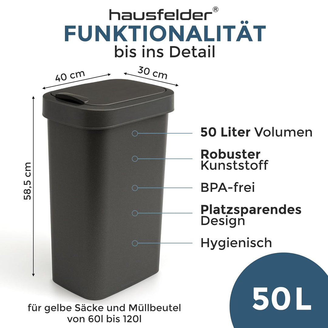 Hausfelder Mülleimer 50l gross mit Deckel in schwarz, Schwingdeckel Abfalleimer Küche mit 50 Liter,