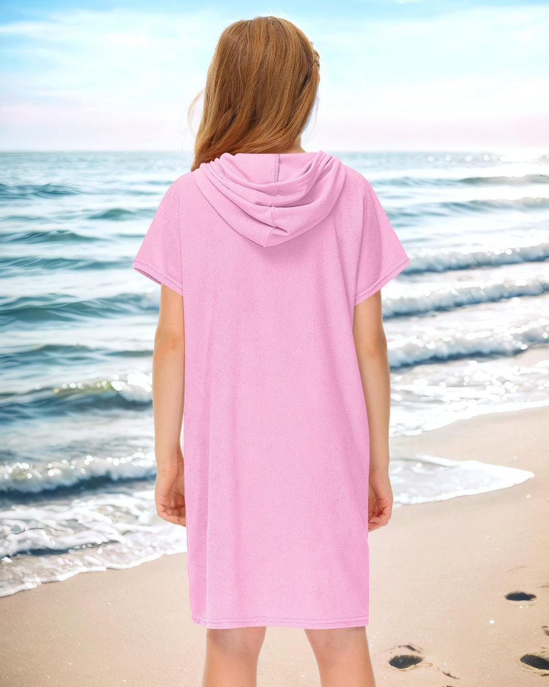BesserBay Mädchen Badeponcho Kapuze Poncho mit Taschen Zip Cover Up Kinder Unisex 120-160 120 Hellro
