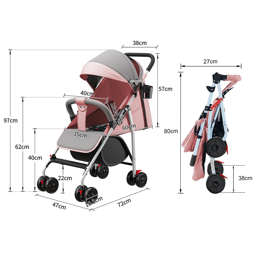 Kinderwagen Buggy Liegefunktion, Leichter 4-Rad Buggy ab 0–4 Jahre, Verstellbare Rückenlehne, Klein