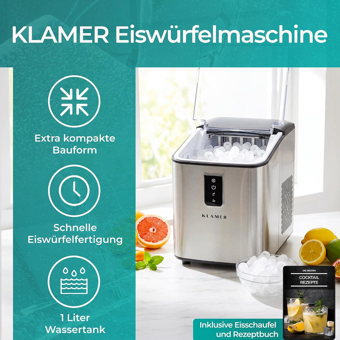 KLAMER Eiswürfelmaschine Edelstahl, 12 kg/24h, 8 Würfel in 8 Min, 1L | Geräuscharmer Kompressor, Tra
