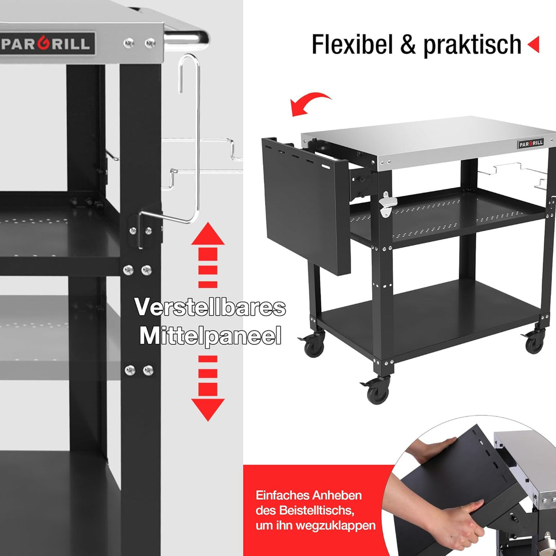 Grillwagen beweglicher Servierwagen mit 3 Ebenen, klappbarem Beistelltisch und 360° schwenkbaren Rol