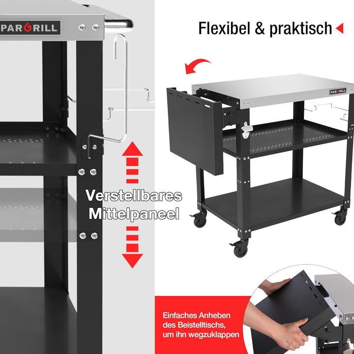 Grillwagen beweglicher Servierwagen mit 3 Ebenen, klappbarem Beistelltisch und 360° schwenkbaren Rol