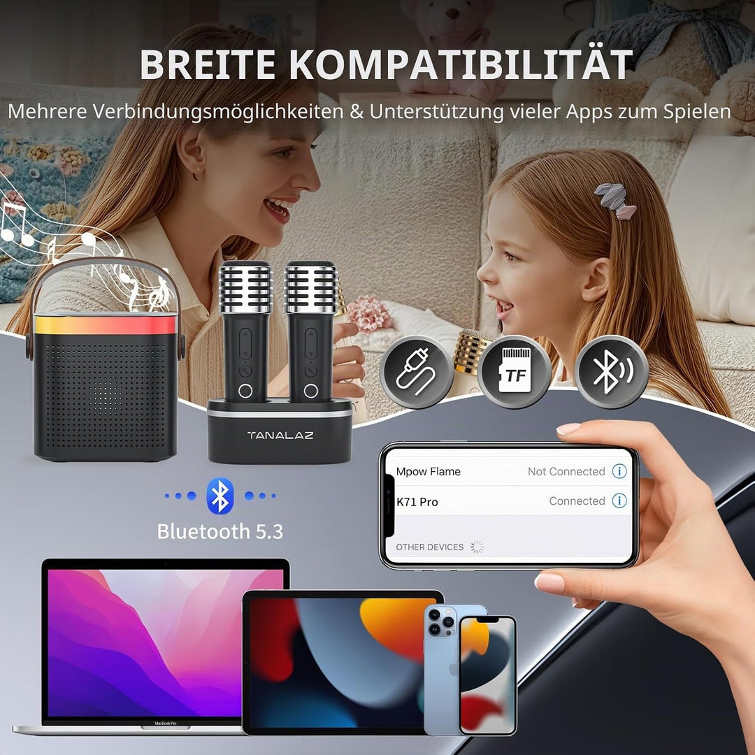 Karaoke-Maschine mit 2 drahtlosen Mikrofonen &amp; Mikrofonbasis, Mini-Bluetooth-Singlautsprecher mit LE