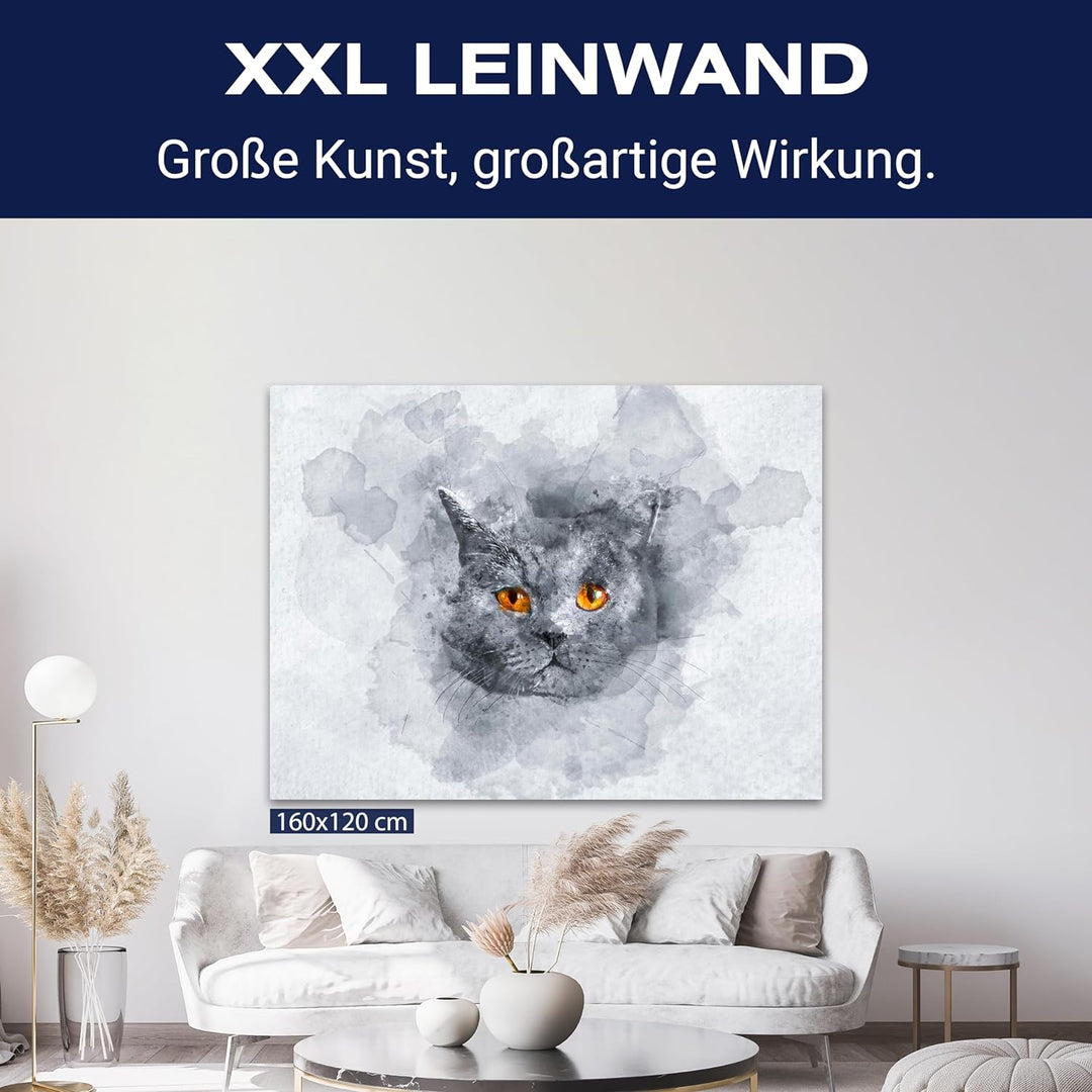 wandmotiv24 Leinwandbild Malerei, 80x60cm, Querformat, Aquarell, Katze, Deko, Bilder auf Leinwand, W