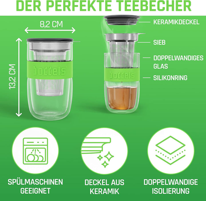 Glasbecher 380ml – mit Sieb Doppelwandig Teetasse mit Edelstahl-Sieb Keramik-Deckel spülmaschinengee