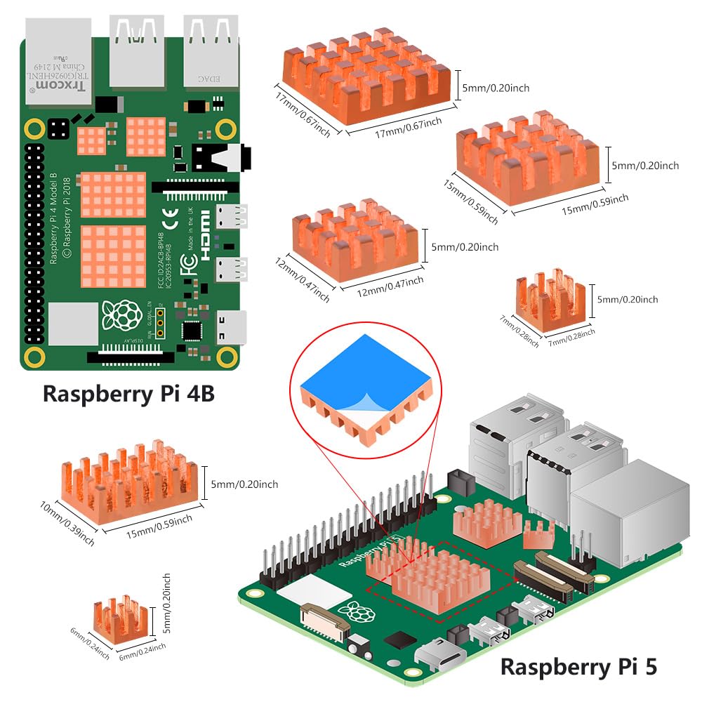 GeeekPi 18PCS Pure Copper Heatsinks for Raspberry Pi 5 /Pi 4B, CPU Cooler Heatsinks with Thermal Con