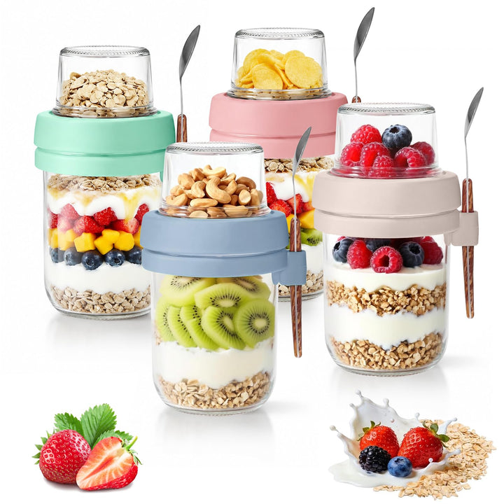 4er Set Müslibecher to Go mit Löffel, 480ml+120ml Overnight Oats Gläser, Joghurtbecher to go mit Dop