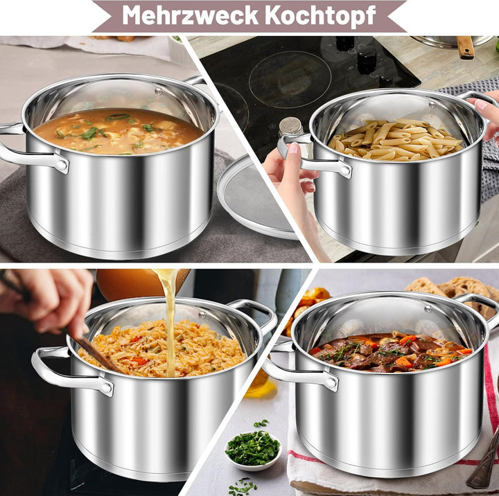 TEAMFAR Kochtopf Gross, 7,6 Liter Edeastahl Topf Suppentopf Induktion, Glasdeckel, 3-Lagen Boden für