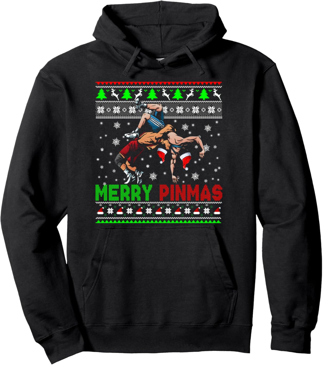 Merry Pinmas Funny Christmas Sweater Santa Wrestling Group Pullover Hoodie