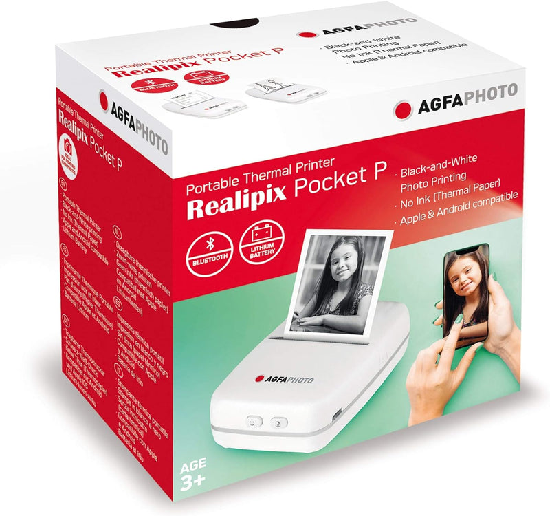 AgfaPhoto Realipix Pocket P Schwarz-Weiss Thermodrucker für Kinder mit spassiger App zum Malen & Kri