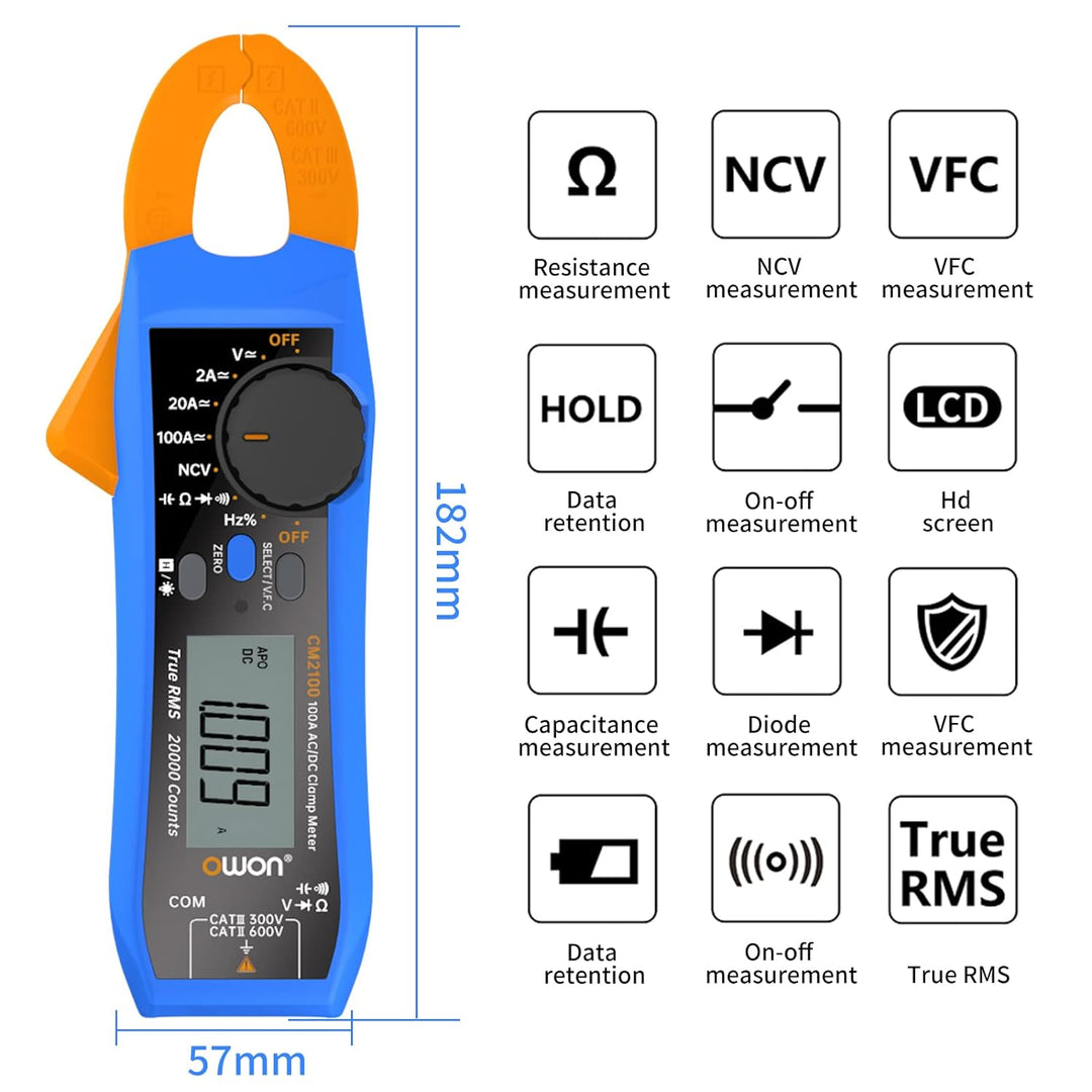 OWON CM2100 Mini Digital Clamp Meter 100A AC DC Strom Spannung True RMS Zange Amperemeter Widerstand