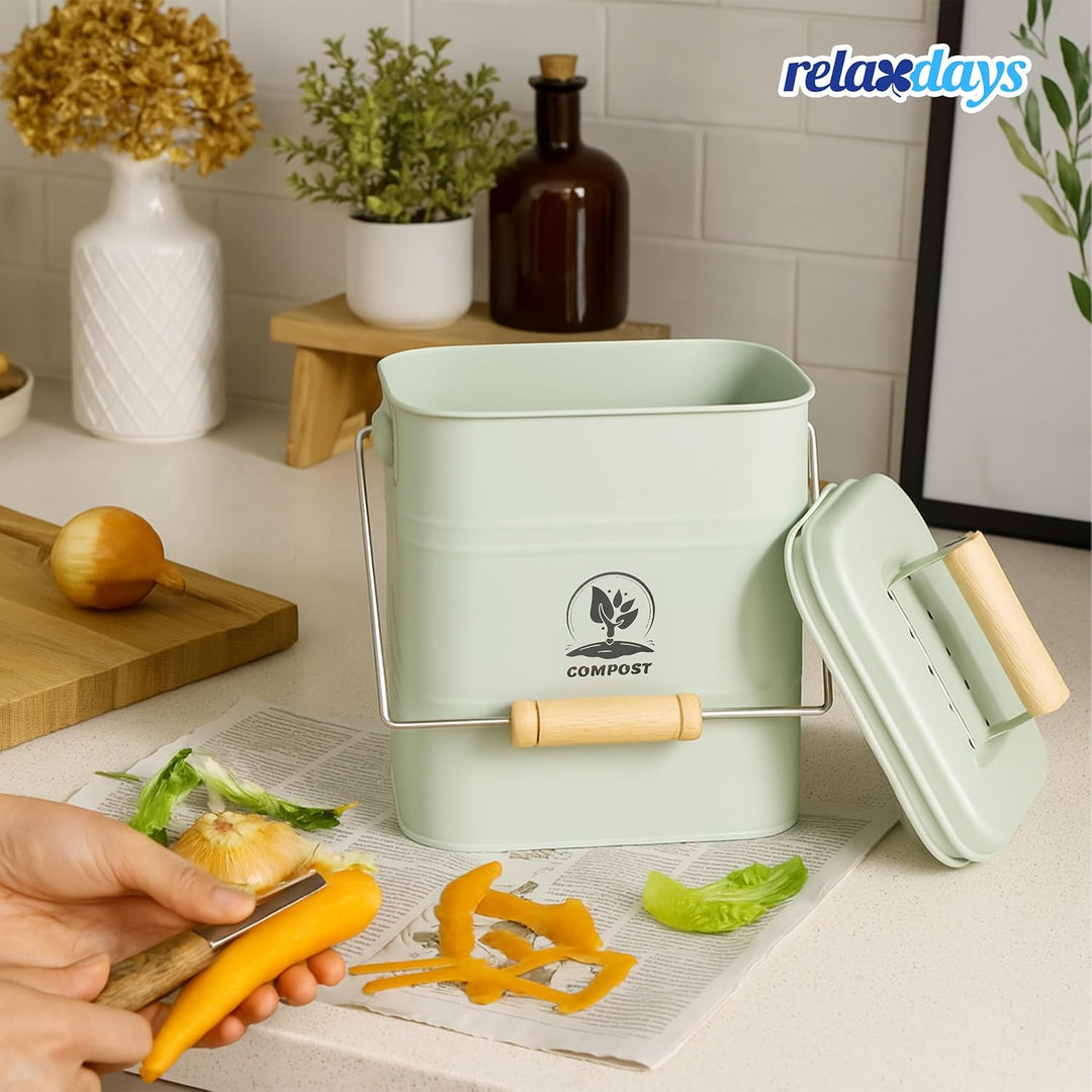 Relaxdays Komposteimer Küche, 3,5 Liter, 2 Aktivkohlefilter, Deckel, Henkel, Eisen & Holz, Biomüllbe