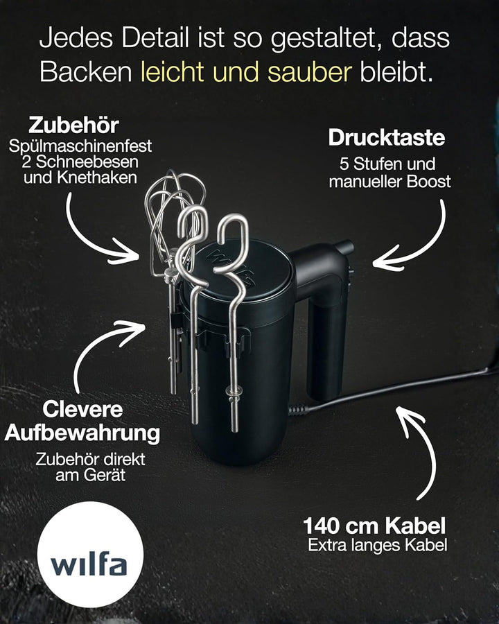 Wilfa Handmixer Smooth Mix 500 I 500 W I 5 Geschwindigkeiten I Boost-Funktion &amp; Auswurf-Funktion I i