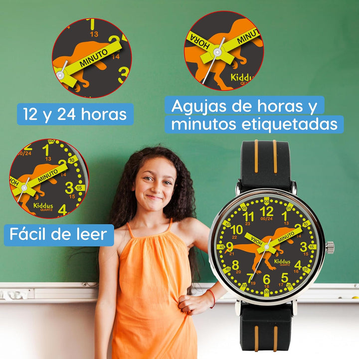 Kiddus Lern Armbanduhr für Kinder, Jungen und Mädchen. Analoge Armbanduhr mit Zeitlernübungen, japan