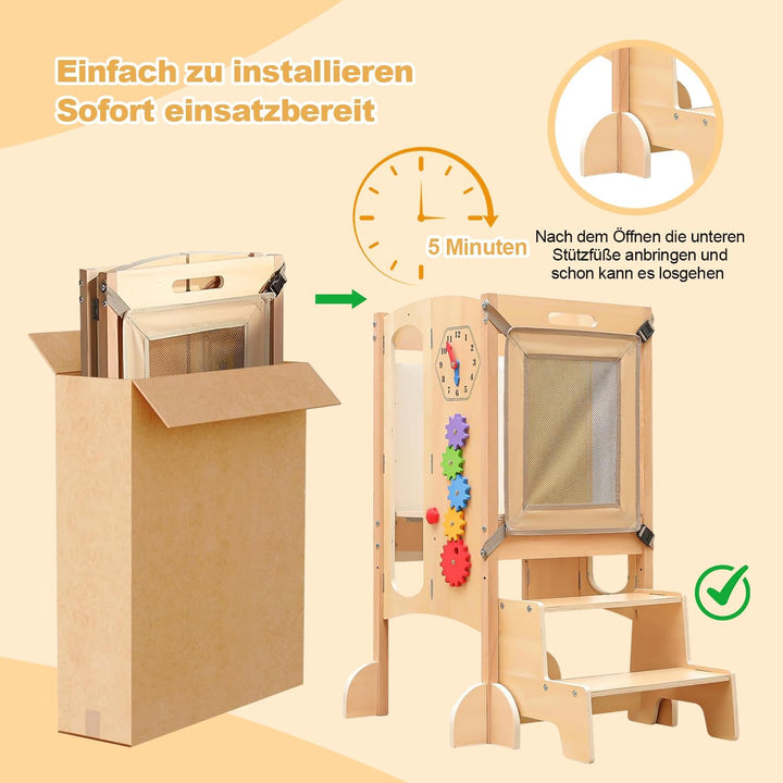 Lernturm Klappbar, 2 Fach Höhenverstellbar-Montessori Lernturm ab 1 Jahr aus Birke, Vormontiert/Plat