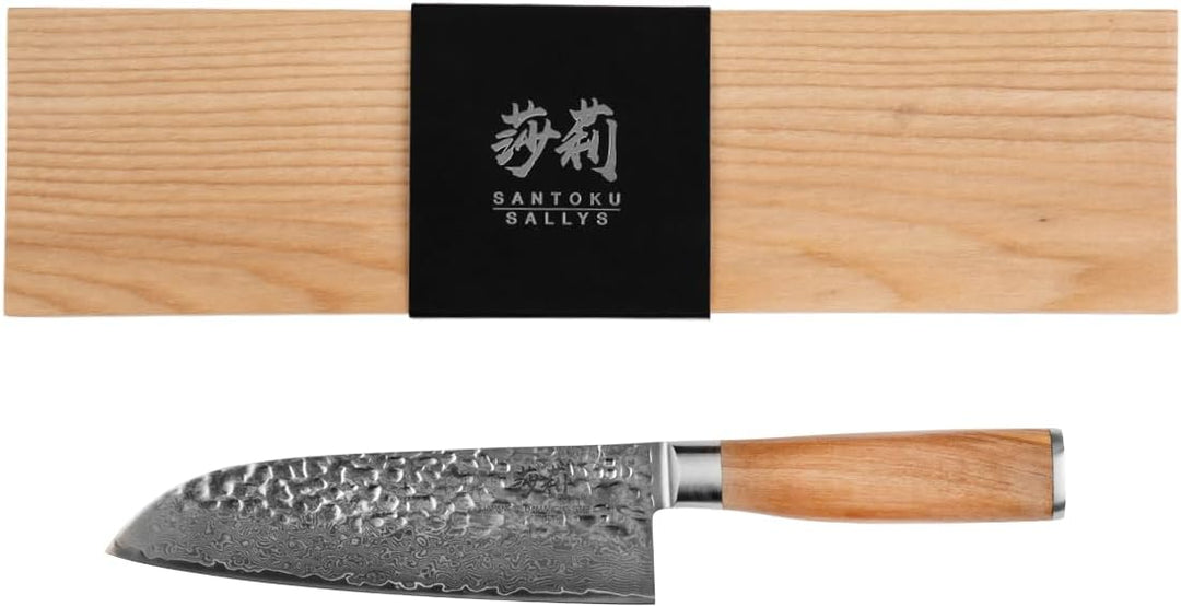 Sallys Santoku Messer- aus rostfreiem Damaszener-Stahl - Griff aus hochwertigem Olivenholz, inkl. ed