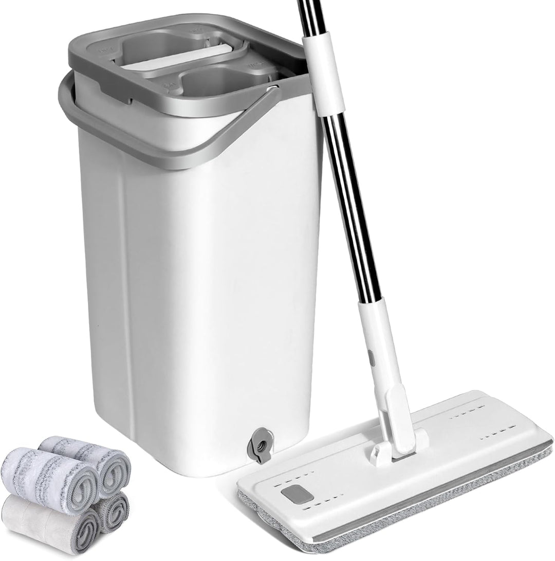 Masthome Flacher Wischmopp und Putzeimer Set,Flach Mopp Bodenwischer Putzset für Nass- Trockennutzun
