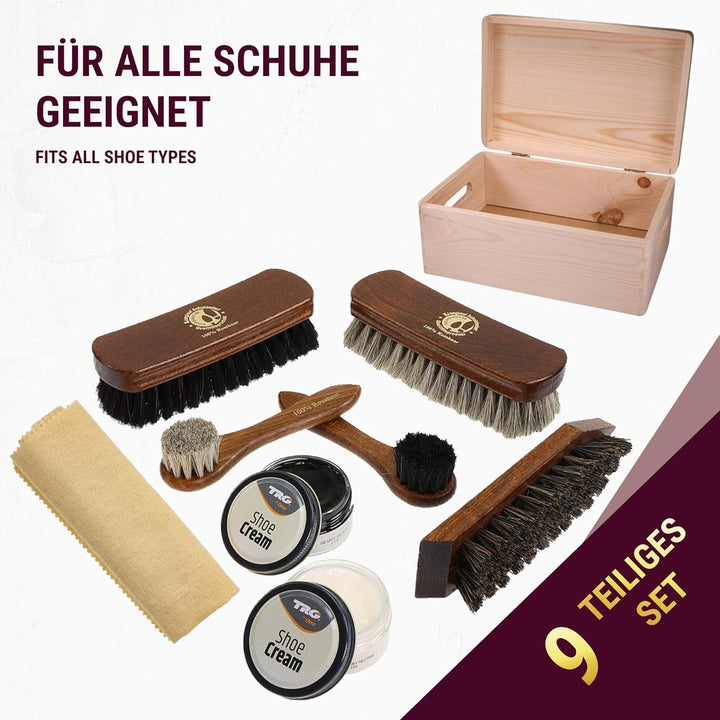 Schuhputzset Leder 9tlg Schuhputzkasten Milano I Rosshaar Schuhbürste -Tiegelbürste und extra weiche