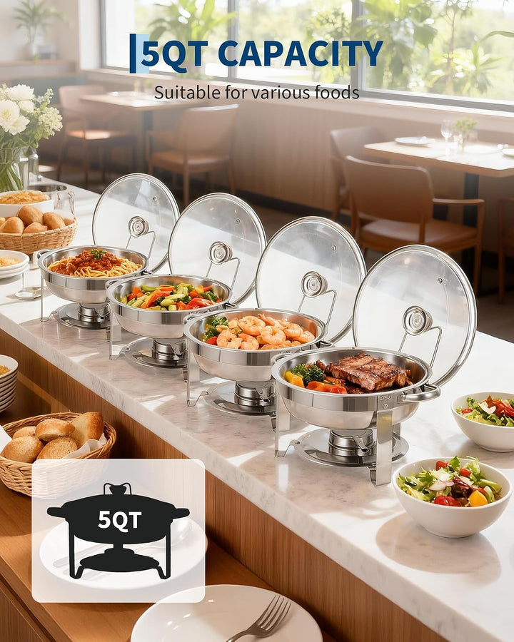 Set mit 4 runden Tellern aus Edelstahl 5L/6L – Deckel aus sichtbarem Glas – ideal für Partys, Hochze