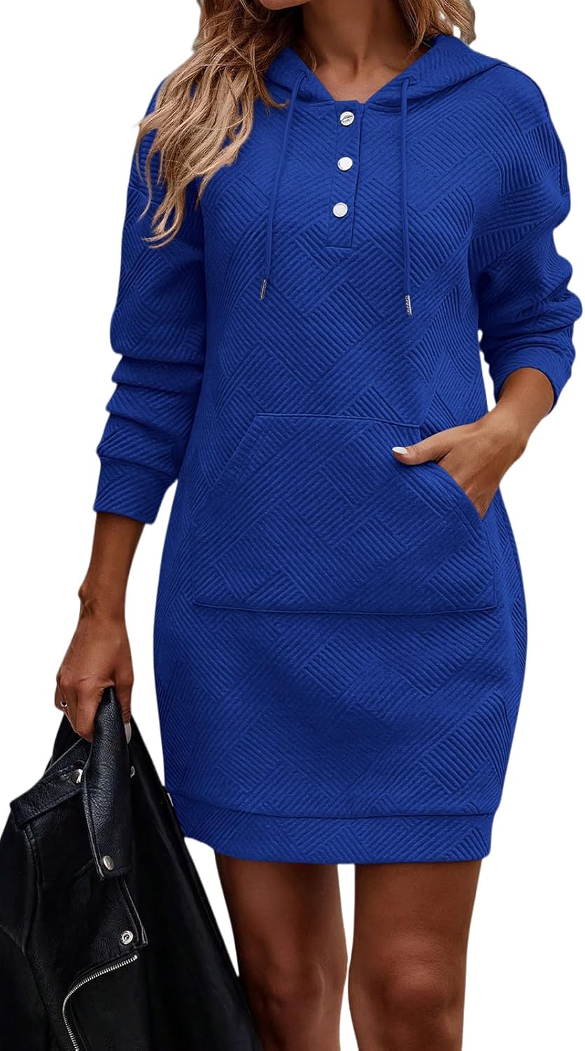 TrendiMax Damen Hoodie Kleid Herbst Übergangs Kapuzenpullover Sweatkleid Textur Knopf Langarm Sweats