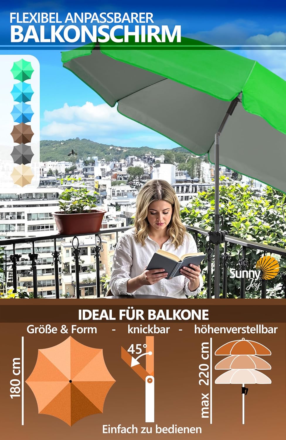 4smile Sonnenschirm Balkon SunnyJoy im 3er-Set - UPF 50+ Balkon Schirm 180 cm + Sonnenschirmhalter B