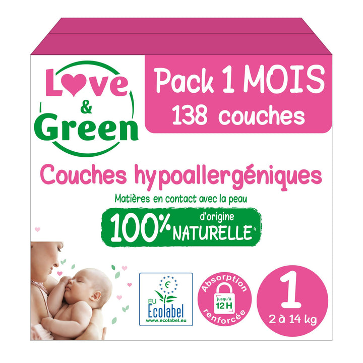 Love & Green Baby-Windeln, hypoallergen Gr. 1 x 138 stk. Taille 1 (138 Unité), Taille 1 (138 Unité)