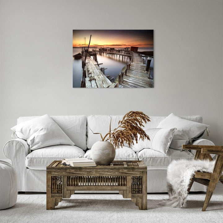 Bilder auf Leinwand Brücke Boot Meer Leinwandbild mit Rahmen 70x50cm Wandbilder Dekoration Wohnzimme
