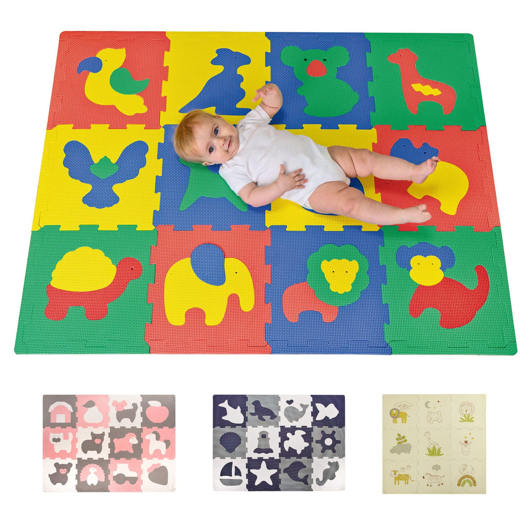Attraktive Puzzlematte Baby 1,2x0,9m Safari Tiere – 12 Platten à 30x30cm – 20% dickere & weichere Sp
