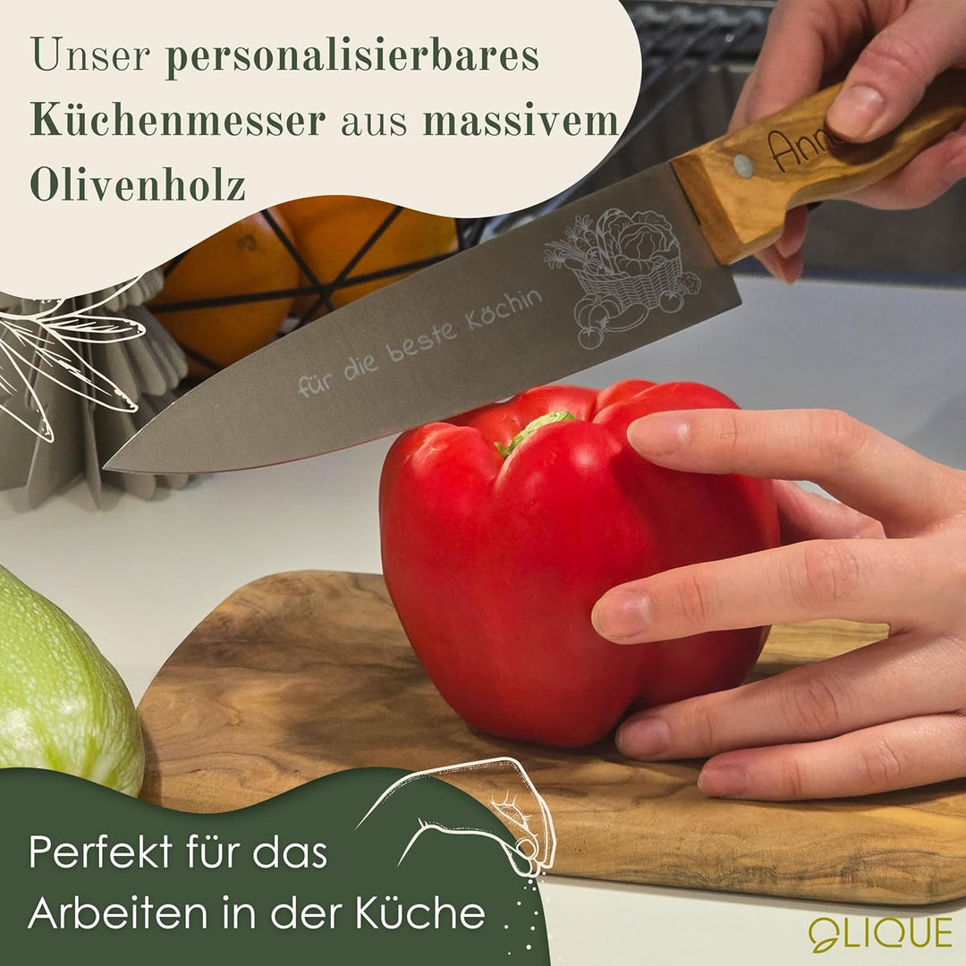 Küchenmesser personalisiert, Olivenholz - Hochwertiges Solinger Kochmesser als individuelles Geschen