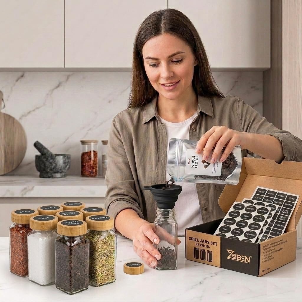 ZEBEN® Gewürzgläser 120ml Set 25 Stück mit Etiketten, Leere Gewürzdosen mit Deckel, Trichter & Reini