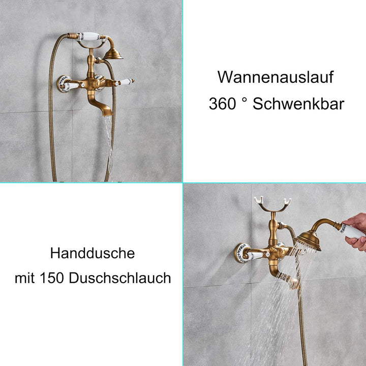 Rozin Badewannenarmatur mit Handbrause Messing Wandhalterung Duschbrause Zwei Keramik Griffe Nostalg