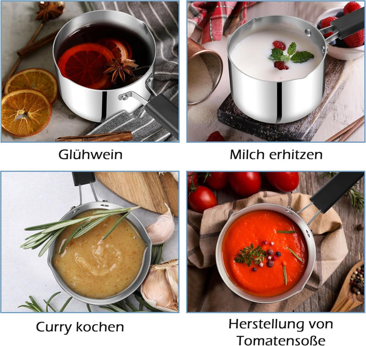 Herogo Stainless Stielkasserolle 16cm, Dreifach-Edelstahl- Milchtopf mit Glasdeckel, kleiner Kochtop