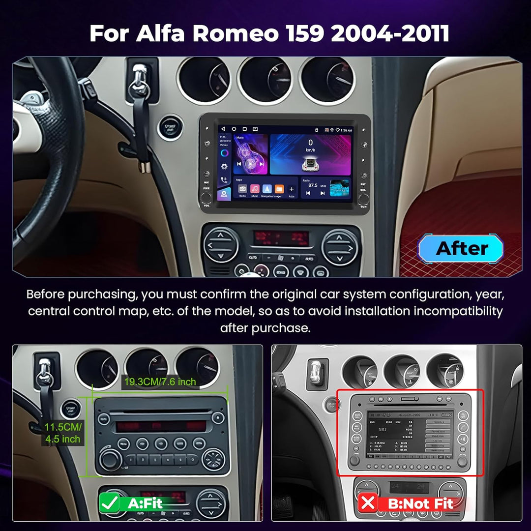 Hikity 4+64GB Autoradio Android 15 für Alfa Romeo 159 2004-2011 mit 7-Zoll-Touchscreen,Radio Auto mi