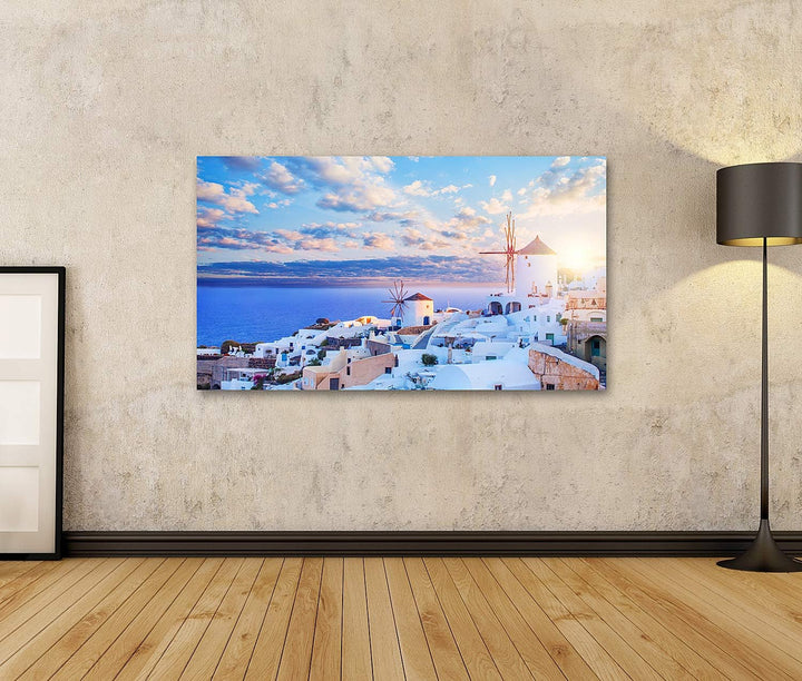 islandburner Bild auf Leinwand Santorini Skyline Blauer Himmel Wolken Oia Stadt Griechenland Wahrzei