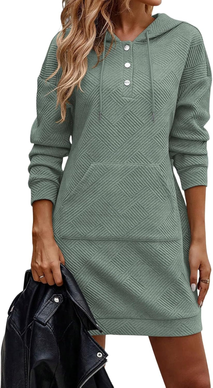 TrendiMax Damen Hoodie Kleid Herbst Übergangs Kapuzenpullover Sweatkleid Textur Knopf Langarm Sweats