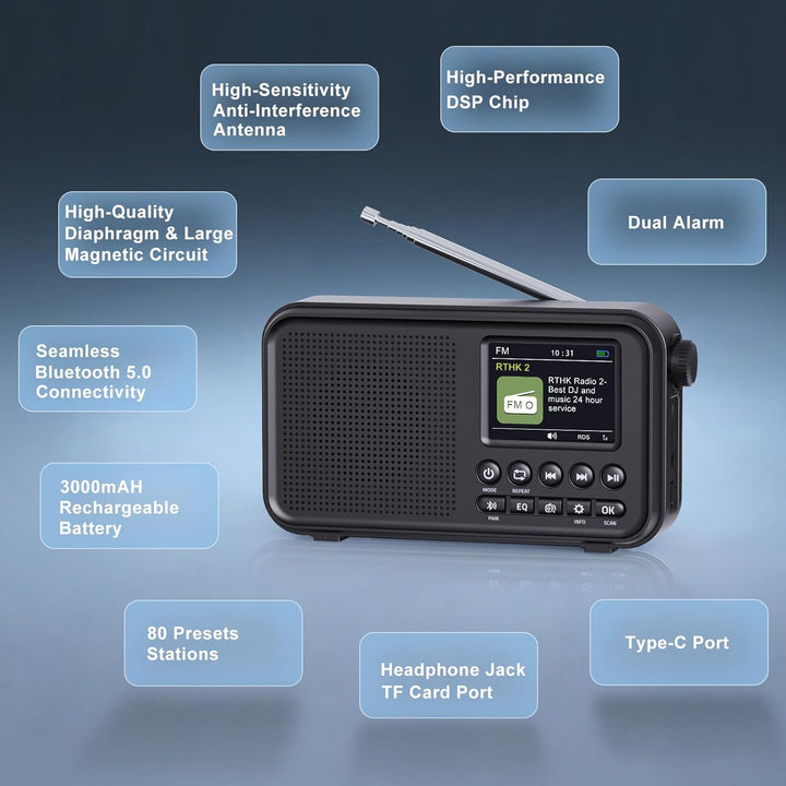 Tragbares DAB/DAB+ Radio, UKW Digitalradio mit 3000-mAh Akku, wiederaufladbares FM Radio mit Bluetoo