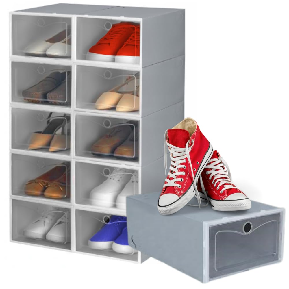 ZOLTA Schuhboxen Set 10 Stück stapelbar Aufbewahrungsboxen 33x23x14 cm Grau mit transparenter Klappt