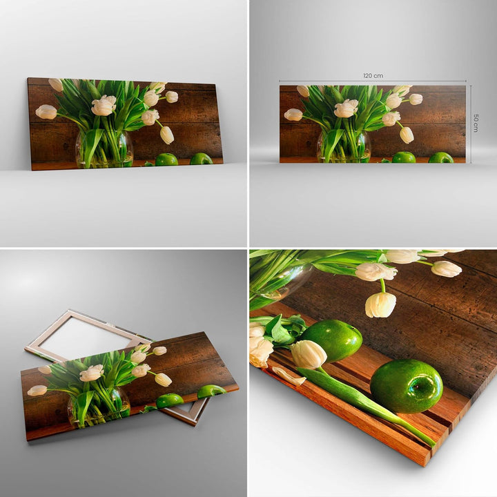 Wandbilder Dekoration Wohnzimmer Tulpen Apfel Blumenstrauss Frühling Bilder auf Leinwand 120x50cm Le