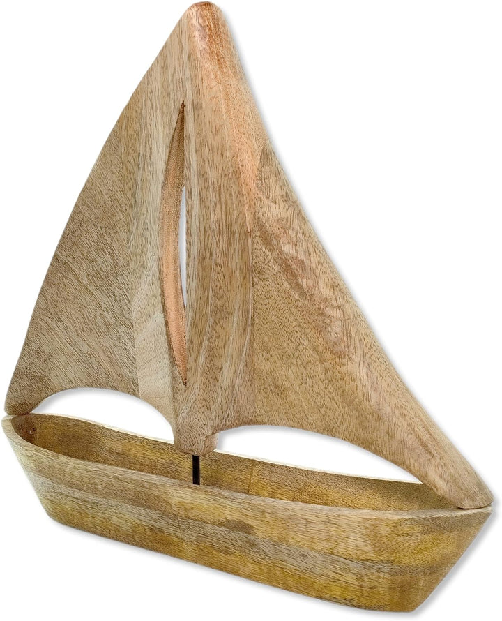 Holz Skulptur Segel-Boot 34 x 35cm braun Dekofigur Tisch-Deko Holzboot Schiff Figur