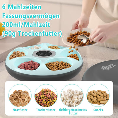 Ownpets 6 Mahlzeiten Automatischer Katzenfutterautomat für Nass-/Trockenfutter, mit 2 Kühlakkus, pro