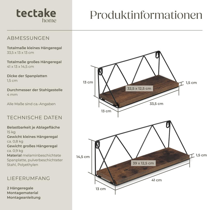 tectake® Industrial Wandregal Holz, 2er Set Regal Wand, Regale, Hängeregal, für Deko Wohnzimmer, Sch