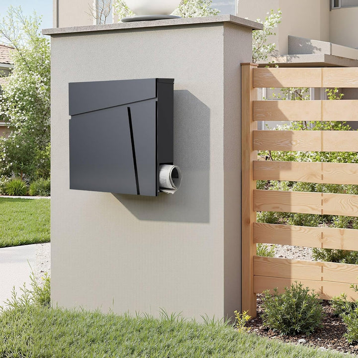 Wiltec Designer Briefkasten V23 anthrazit 370 x 105 x 370 mm, Wandbriefkasten mit Schloss und Zeitun