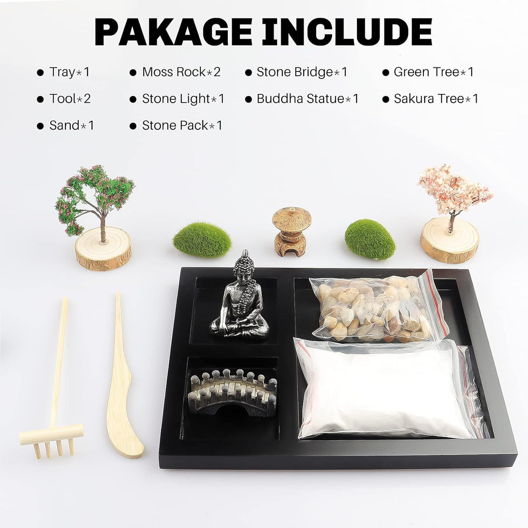 porlik Japanischer Zen-Garten für den Schreibtisch, Mini-Zen-Garten mit Sand, künstliche Bonsai-Baum