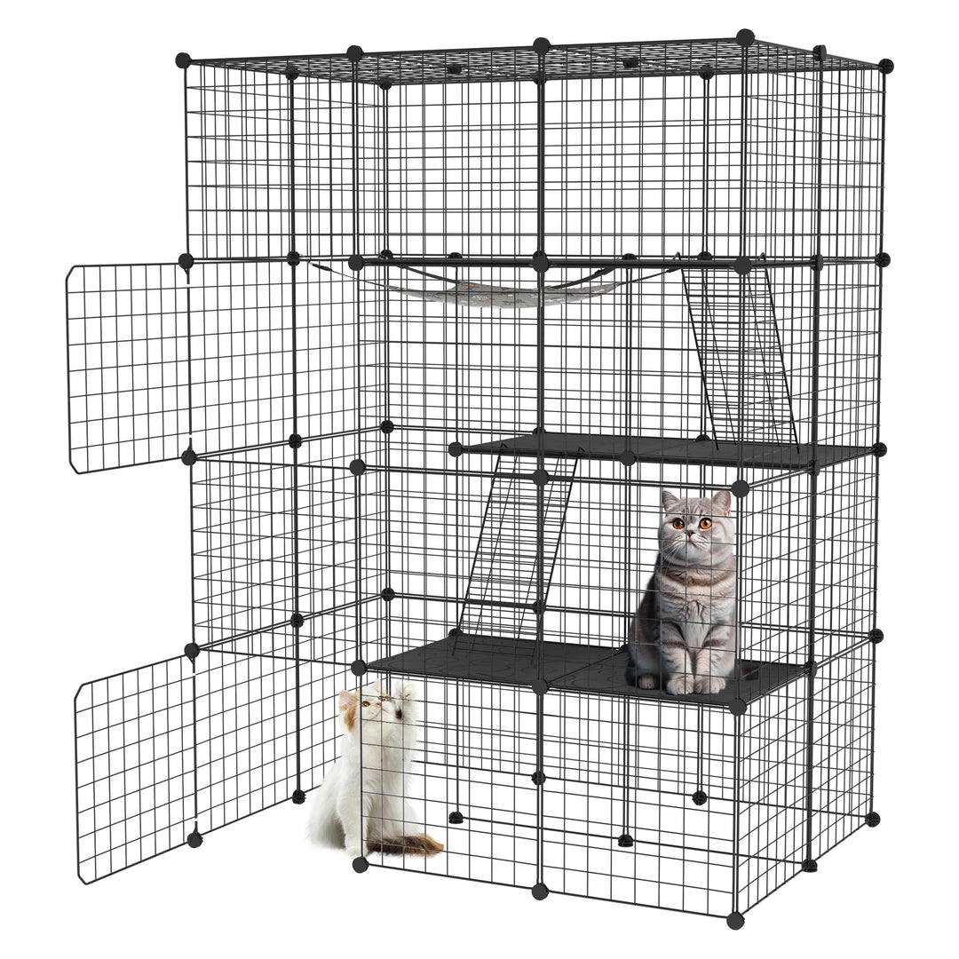 Aufun Grosser Katzenkäfig 4 Ebene aus Metall mit 2 Leitern DIY Katzenlaufstall Zusammenklappbarer Ka