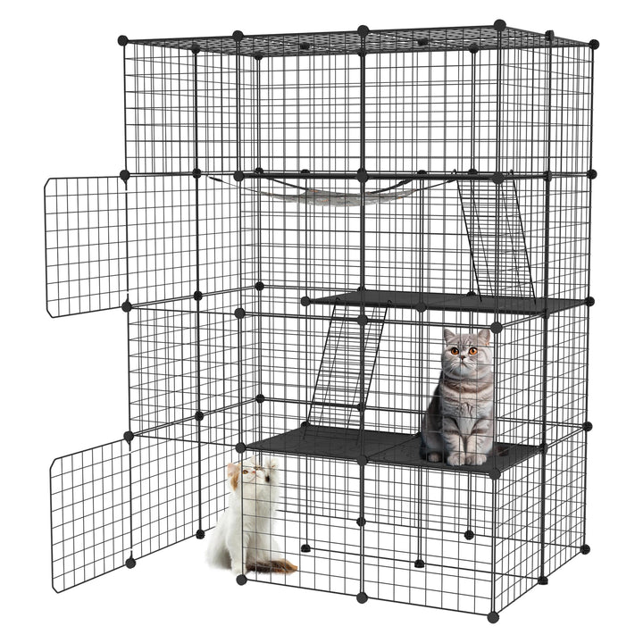 Aufun Grosser Katzenkäfig 4 Ebene aus Metall mit 2 Leitern DIY Katzenlaufstall Zusammenklappbarer Ka