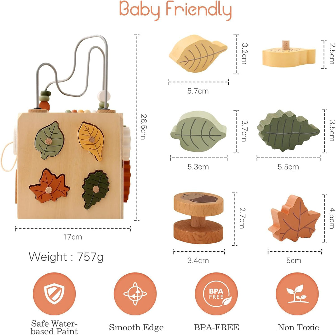 WOODEN TEETHER Montessori Motorikwürfel holzspielzeug Montessori Spielzeug 6 in 1（Naturholzfarbe Akt