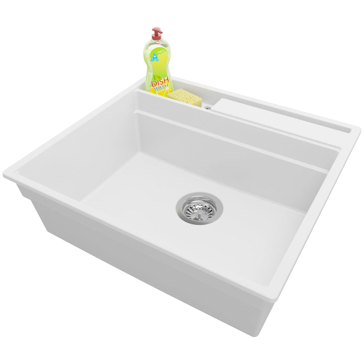 PRIMAGRAN Spülbecken Weiss 58x53cm, Granitspüle 1 Becken + Ablauf-Set, Küchenspüle ab 60er Unterschr