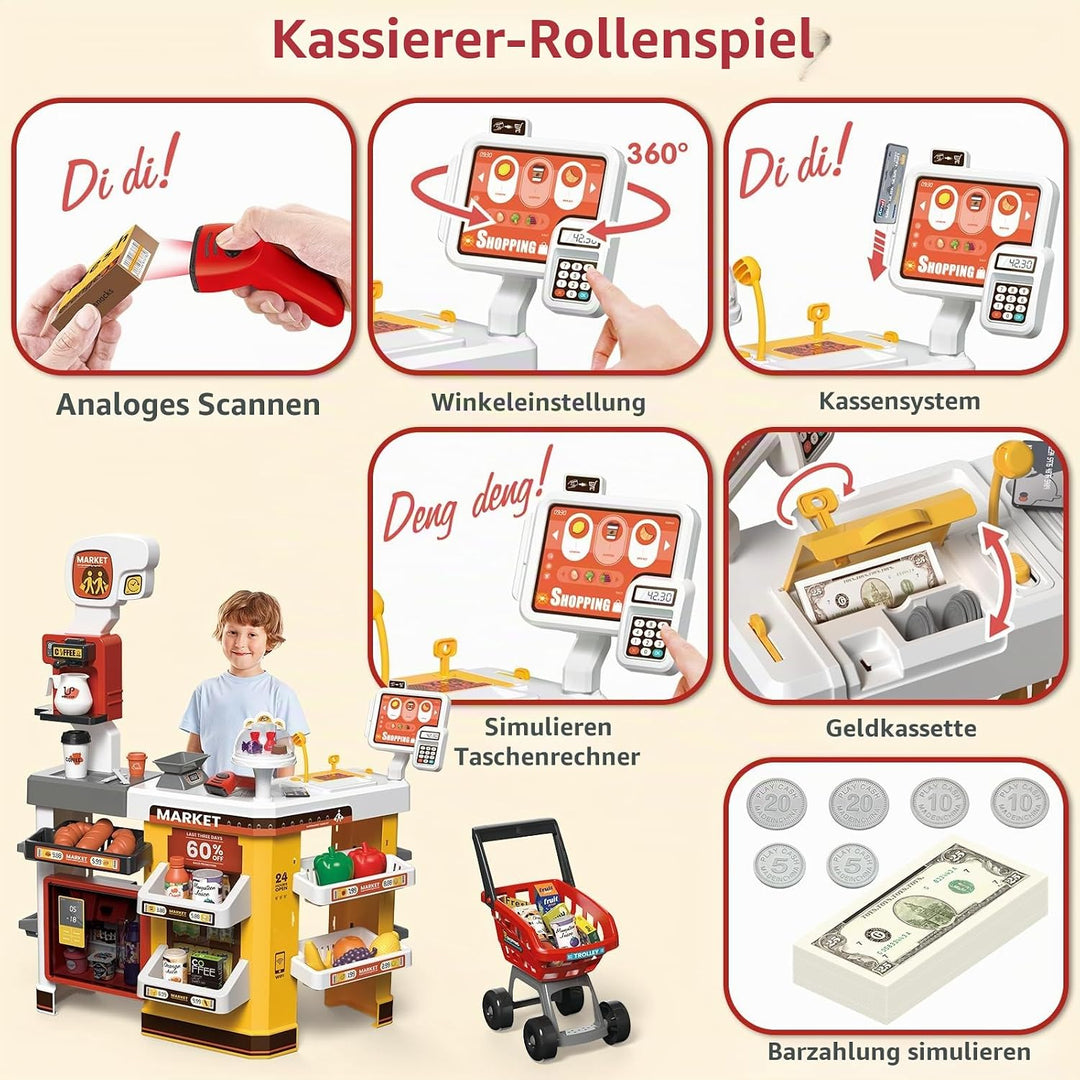 deAO Supermarkt mit Einkaufswagen, Kasse, 65PCS Kaufladen Zubehör, Kaufladen Kasse mit Scanner und S