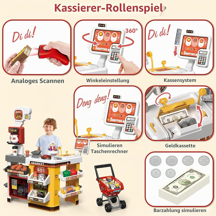 deAO Supermarkt mit Einkaufswagen, Kasse, 65PCS Kaufladen Zubehör, Kaufladen Kasse mit Scanner und S